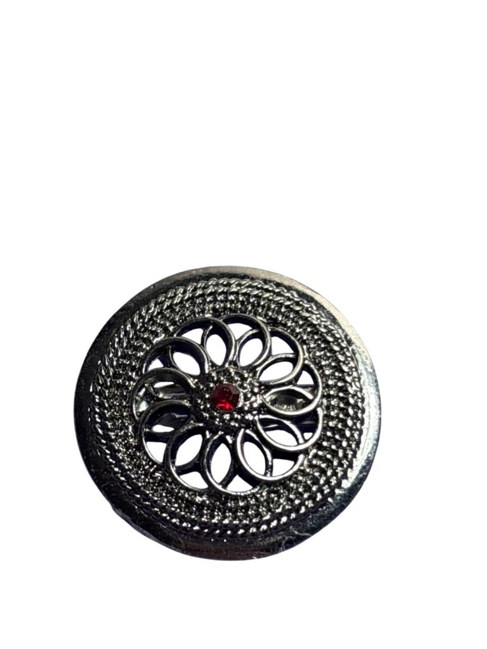 Gunmetal Circle Brooch Red Rhinestone C Clasp 1 1/8 inch
